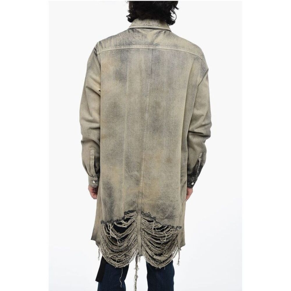 Rick Owens Distressed Denim Overshirt with Fringed Men's Hem - Picture 2 of 5